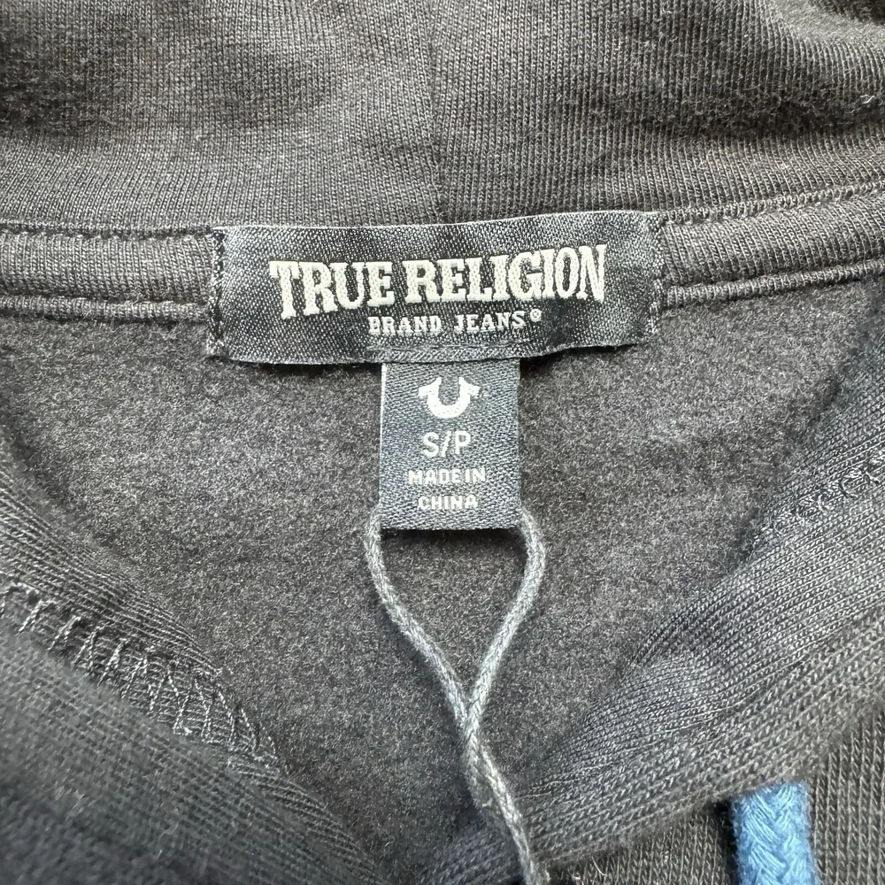 True Religion Pullover Hoodie Mens Small Black Contrast Panel Graphic 700022 New